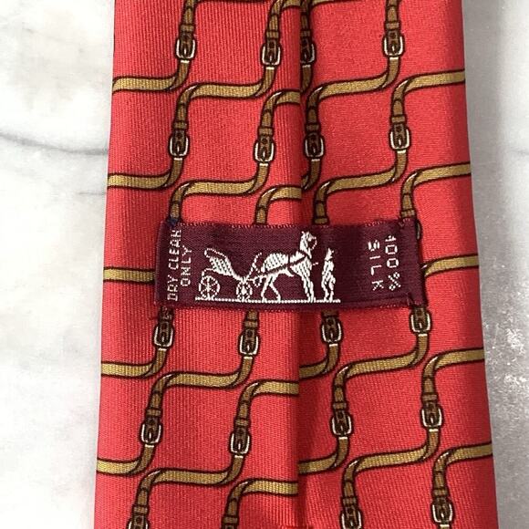 HERMES Tie Silk 55" x 3-1/8" Brown Belt on Red Necktie Neiman Marcus 7009 EUC - Picture 4 of 7